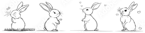 Set of Cute Sitting Bunnies with Hearts – Adorable Line Art Vector Easter or Love Illustration