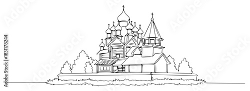 Traditional Wooden Russian Orthodox Church on Island – Minimal Line Art Vector Architecture Landscape Illustration