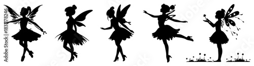 Set of Dancing Fairies Silhouettes Sprinkling Magic Dust – Whimsical Monochrome Line Art Vector Fantasy Icons