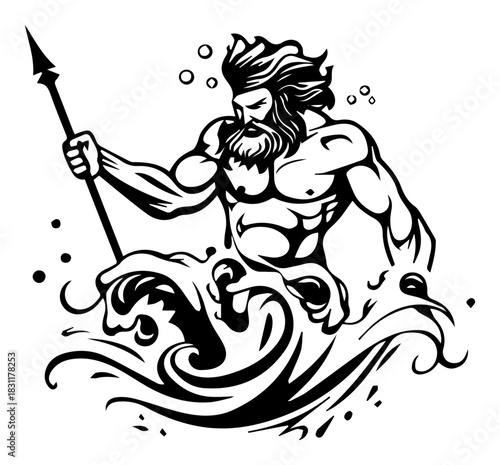 Poseidon God of the Sea with Trident Rising from Waves – Bold Monochrome Line Art Vector Greek Mythology Illustration