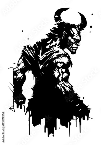 Sinister Horned Demon Warrior with Dripping Ink Effect – Dramatic Monochrome Line Art Vector Dark Fantasy Illustration