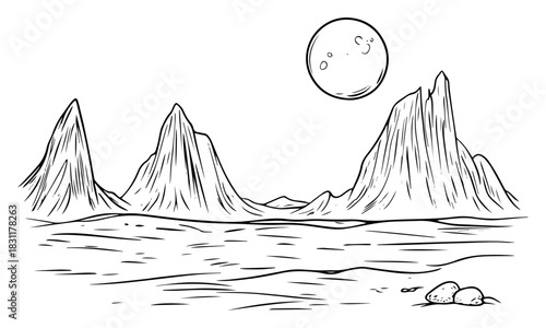 Dramatic Mountain Peaks under Full Moon – Monochrome Line Art Vector Night Wilderness Landscape Illustration