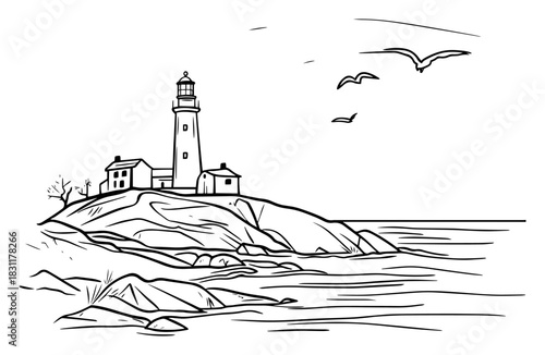 Tall Lighthouse on Rocky Coastal Cliff with Seagulls and Waves – Monochrome Line Art Vector Maritime Landscape Scene