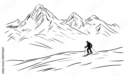 Snowy Mountain Range with Lone Hiker Trekking Up Slope – Adventurous Monochrome Line Art Vector Landscape Illustration