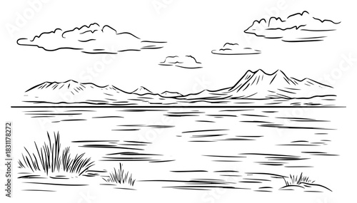 Wide Open Salt Flat with Distant Mountain Range and Clouds – Minimal Monochrome Line Art Vector Desert Landscape Illustration