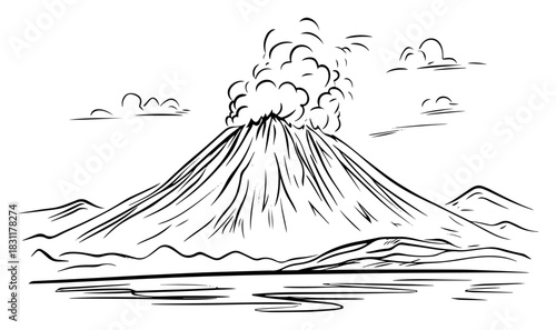 Active Volcano Erupting with Smoke Plume over Lake – Dramatic Monochrome Line Art Vector Natural Disaster Scene