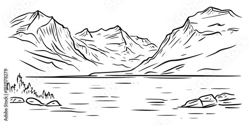 Tranquil Alpine Lake with Rugged Mountain Range – Monochrome Line Art Vector Landscape Illustration