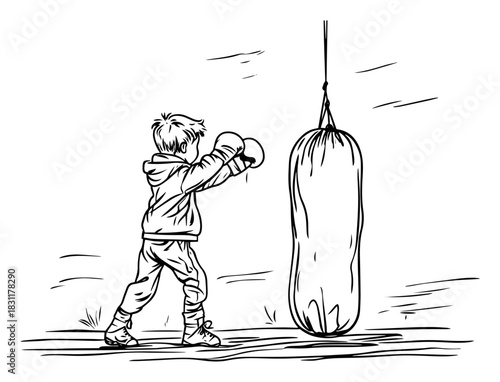 Child Boxer Throwing Punches at Hanging Punching Bag – Dynamic Monochrome Line Art Vector Fitness Illustration