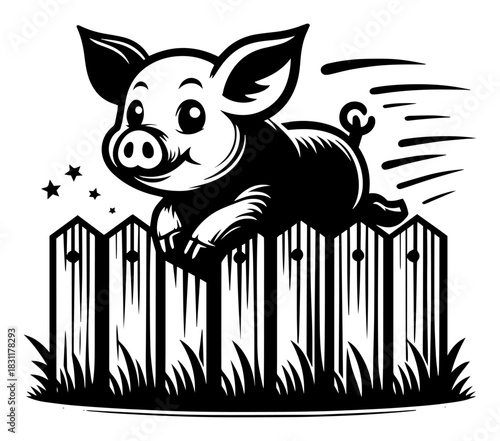 Playful Piglet Leaping over Wooden Fence – Fun Monochrome Line Art Vector Farm Animal Illustration