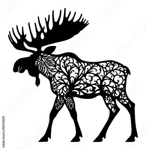 Stylized Moose Silhouette Filled with Leafy Floral Pattern – Elegant Monochrome Line Art Vector Wildlife Illustration