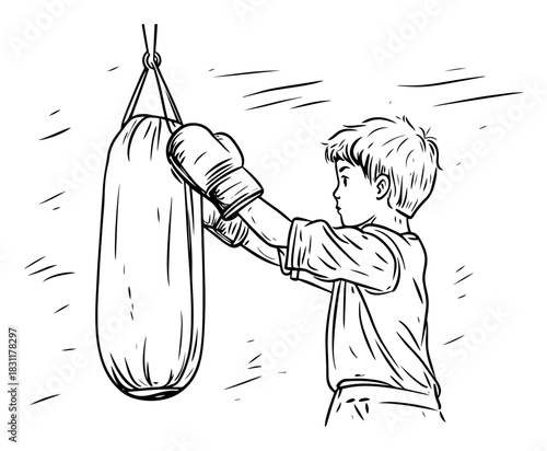 Young Boy Practicing Boxing on Heavy Bag – Monochrome Line Art Vector Sports Training Illustration