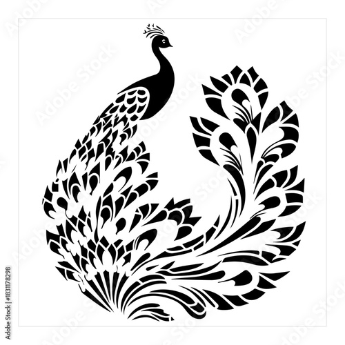 Elegant Peacock Silhouette with Ornamental Feathery Tail – Decorative Monochrome Line Art Vector Bird Illustration