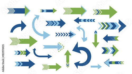 A collection of blue and green arrows of various sizes and styles pointing in different directions, indicating movement and direction.