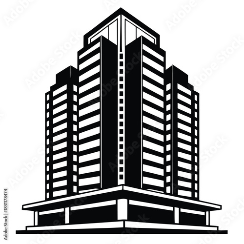 Striking monochrome architectural building showcases symmetrical facade and geometric design elements for appeal