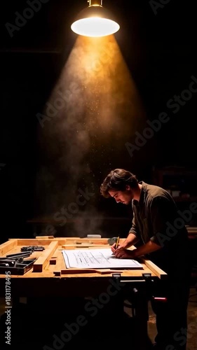 Craftsman Drawing on Blueprint in Dark Workshop Under Warm Hanging Lamp with Dust Motes