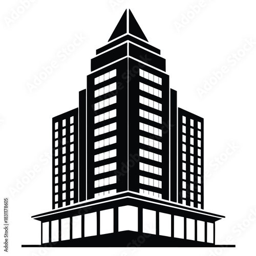 Black and white skyscraper building with multiple stories stands tall against a bright white background