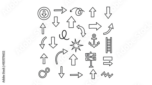 A collection of various hand-drawn arrow icons and symbols, including directional arrows, a starburst, an anchor, a ladder, and a signpost, presented on a white background.