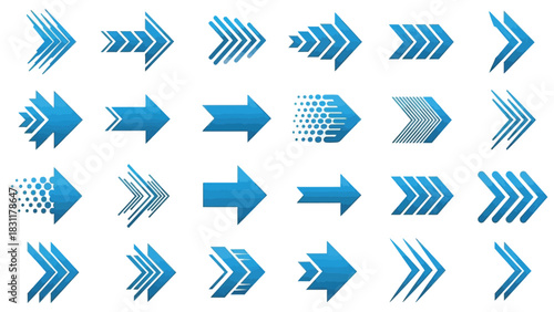 A collection of various blue arrows pointing to the right, displayed in a grid on a white background, showcasing different styles and designs.