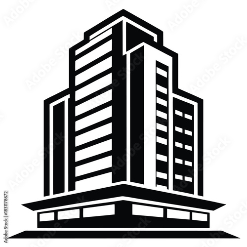 An abstract skyscraper showcases multiple stories and levels in a black and white scheme