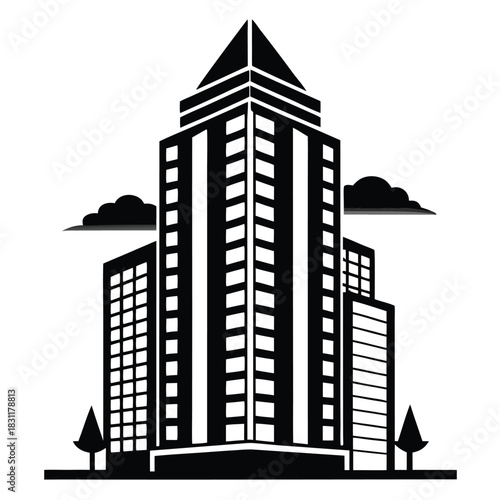 Modern city landscape features tall buildings and clouds above, showcasing a bold black and white aesthetic