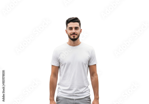 A young man with a beard and short dark hair wearing a plain white t shirt and grey pants standing straight isolated on transparent background