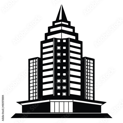 Modern highrise building shows symmetrical design and bold black silhouette against a simple background