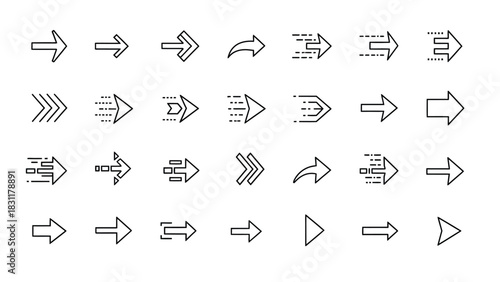 A collection of 35 diverse arrow icons, each representing direction, movement, and progress with varying styles and designs.