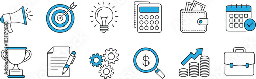 Hand drawn business, money icon set.  Finance objective, money goal sketch done attractive modern doodle symbol.  Business money, finance calculator, economic briefcase essentials. Vector illustration