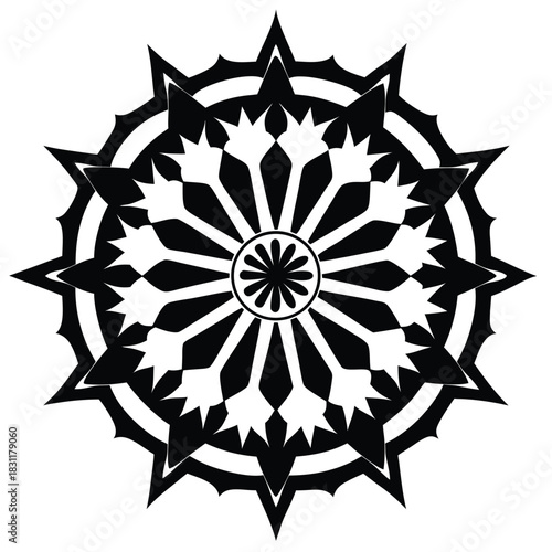 Symmetrical black and white rosette showcases intricate floral elements in circular pattern forming mandala