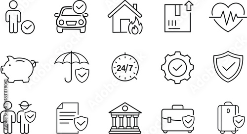 Collection of insurance doodle icons. Life shield, insurance umbrella, and medical safety symbol set are all hand-drawn sketches.  Vector graphic of health safety, auto accidents, and home safety.