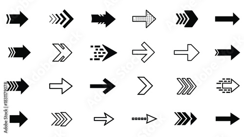 A collection of diverse arrow icons, presented in a grid formation against a clean white background, showcasing various styles and designs for directional indication.