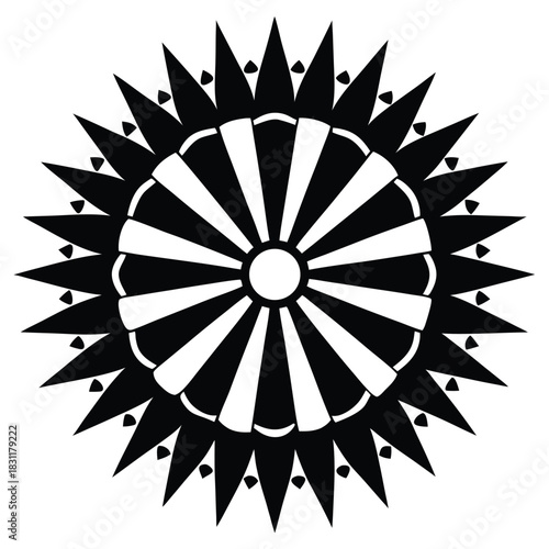 Symmetrical sunburst shape features alternating black spikes and white radial bands around central circle
