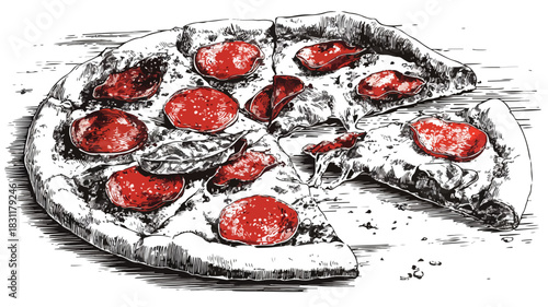 Delicious Pizza with Fresh Tomato and Pepperoni Slice, Food Illustration