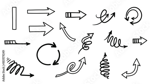 A collection of hand-drawn arrows in various styles, including straight, curved, spiral, and circular shapes, all rendered in black and white.