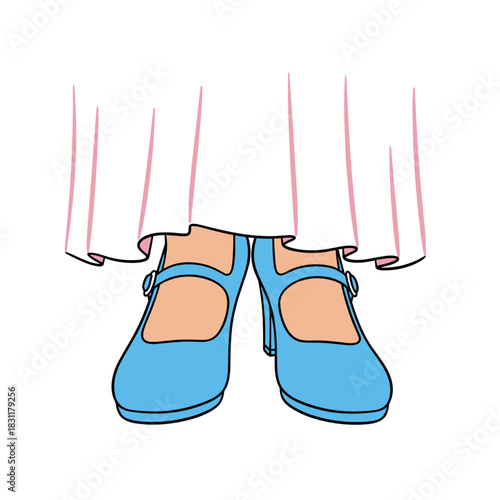 Blue heels worn by woman under white skirt in fashionable style  