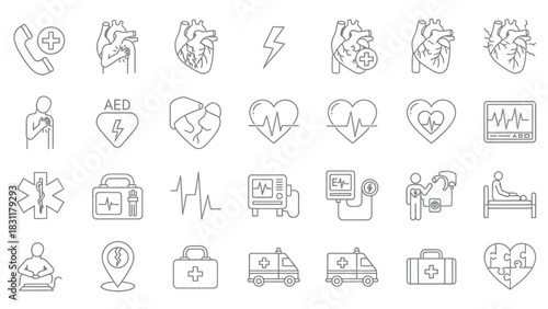 A collection of line art icons representing medical emergencies, cardiac care, and emergency response services, illustrating concepts of health, cardiology, and ambulance services.