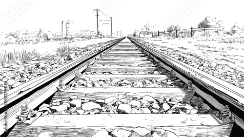 Detailed Drawing of Railroad Track with Train Passing Through Center