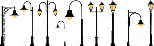 Sets of street lamps, urban lighting designs, CAD drawings, bright yellow lights, fixtures for public areas, and scalable illustrations