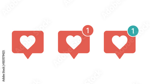 Three social media like notification icons with hearts, one with a notification badge indicating one new like.