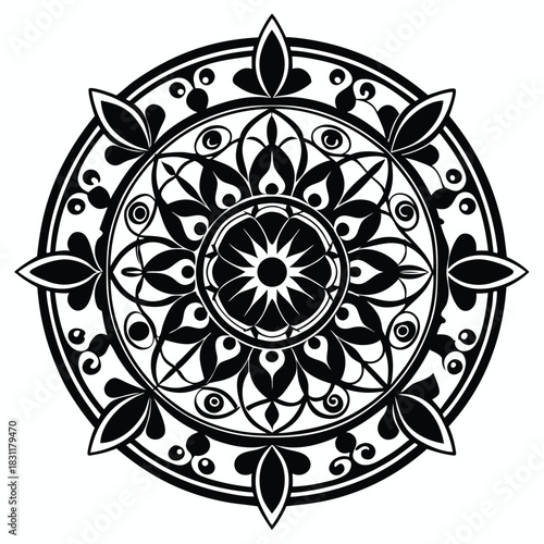 Ornate black floral circle displays intricate design featuring spirals and petal accents perfectly