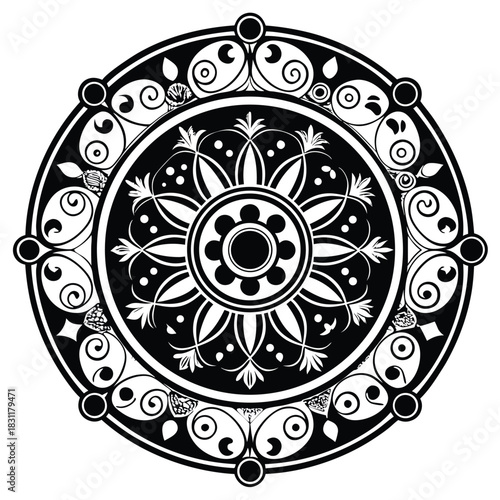 Intricate mandala pattern displays floral elements and elegant swirls within its circular composition