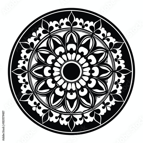 Intricate symmetrical floral mandala showcases elaborate monochrome botanical patterns in a captivating circular form