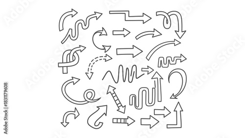 A collection of diverse arrow shapes and styles, rendered in a simple black and white line art illustration, indicating direction and movement in various forms.