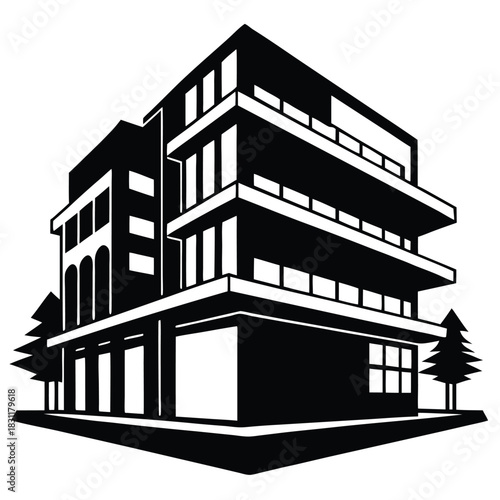 Black and white captures contemporary mixed use architectural building with angular facade