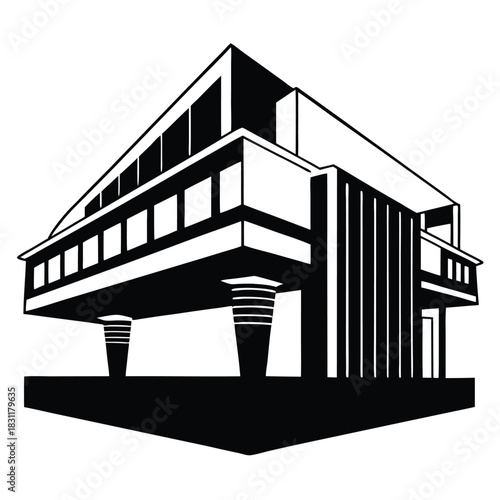 Minimalistic black and white building with vertical columns shows architectural structure