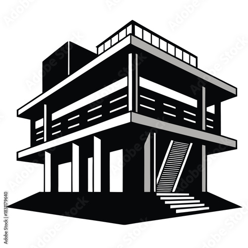 Architectural structure in black and white features multiple levels, stairs, and geometric design details