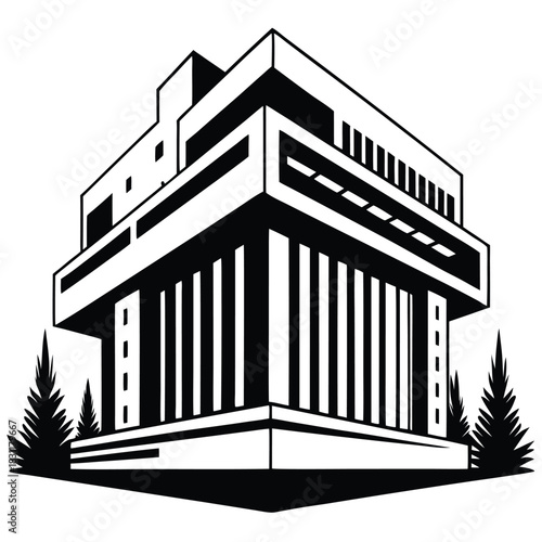 Striking cubist edifice shows geometric detail surrounded by minimal evergreen trees in stark black and white