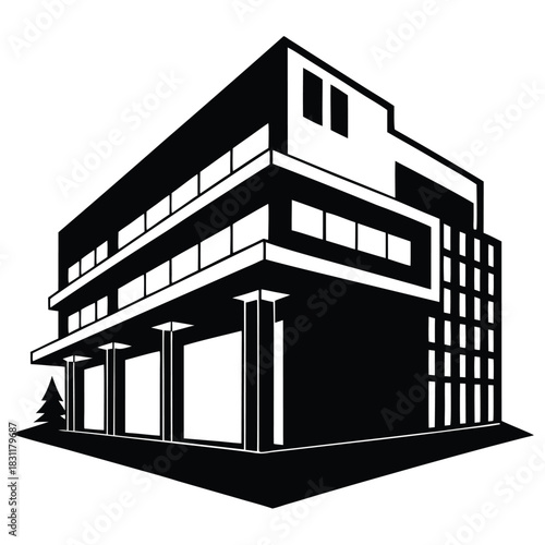 Multistory building facade shows pillar supports, windows, and a small tree in monochrome