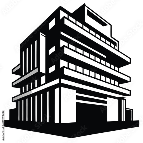 Striking monochrome depiction reveals a multistory building showcasing architectural lines and geometric shapes