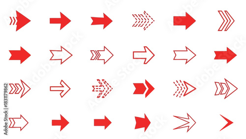 A collection of 28 diverse red arrow icons, showcasing various styles and designs for directional guidance and graphic elements.